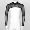 Men Mock Neck Long Sleeve T-Shirt See-Through Mesh Half Crop Top Party Clubwear