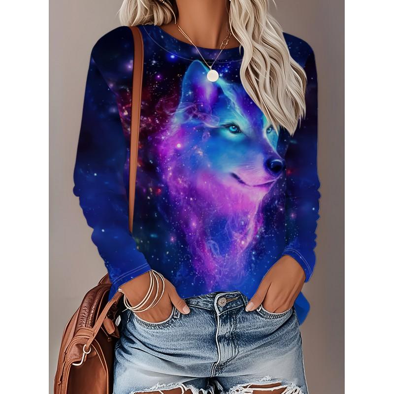 Womens Loose Fit Long Sleeve Round Neck Tee With 3D Peacock Cat Print - Milk Silk Fabric 2025 Casual Top