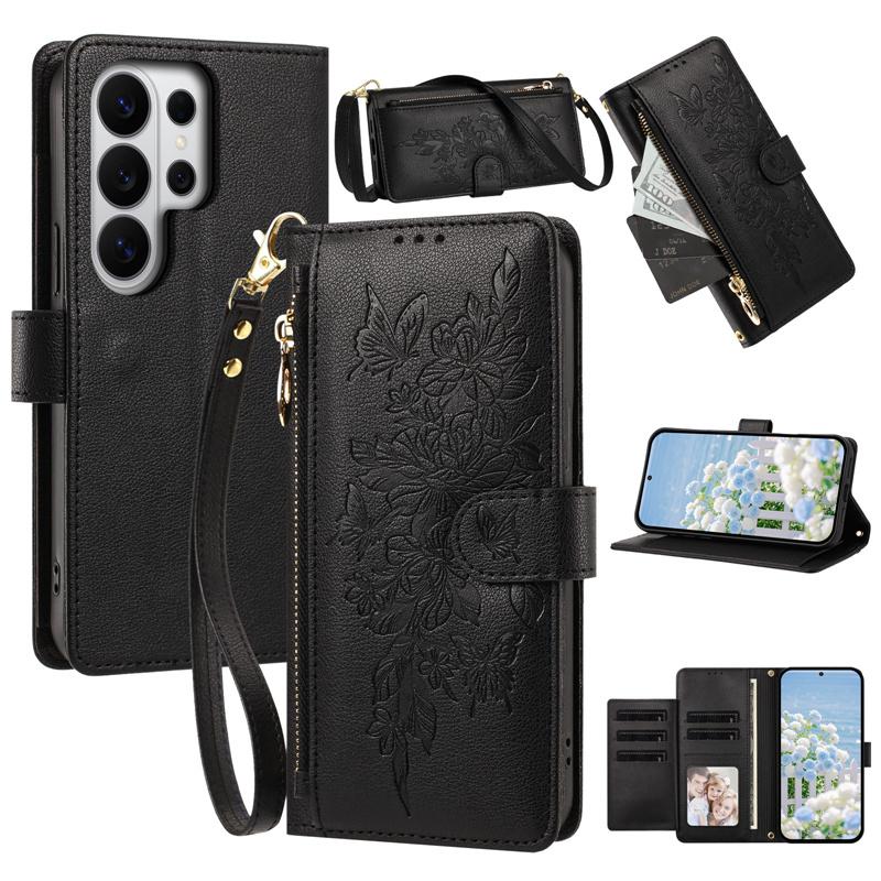 Modische Reißverschluss-Geldbörse Karten-Handyhülle für Samsung Galaxy S26 Ultra S25 FE S24 S23 S22 Plus Armband Flip Leder-Rückseite