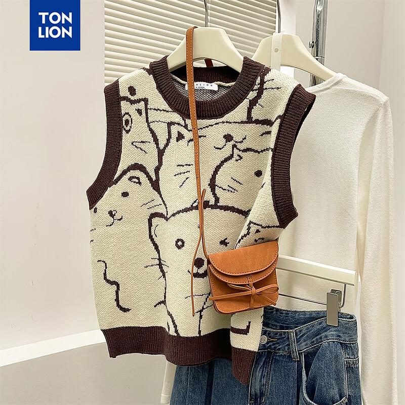 TonLion Women's Cartoon Knit Round Neck Vest