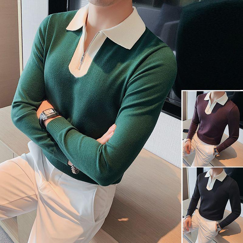 Trendmode Frühling Herbst Neue Pullover Herren Revers Halber Reißverschluss Kontrastfarbe Lässig Locker Langarm Überzieher Strickoberteile
