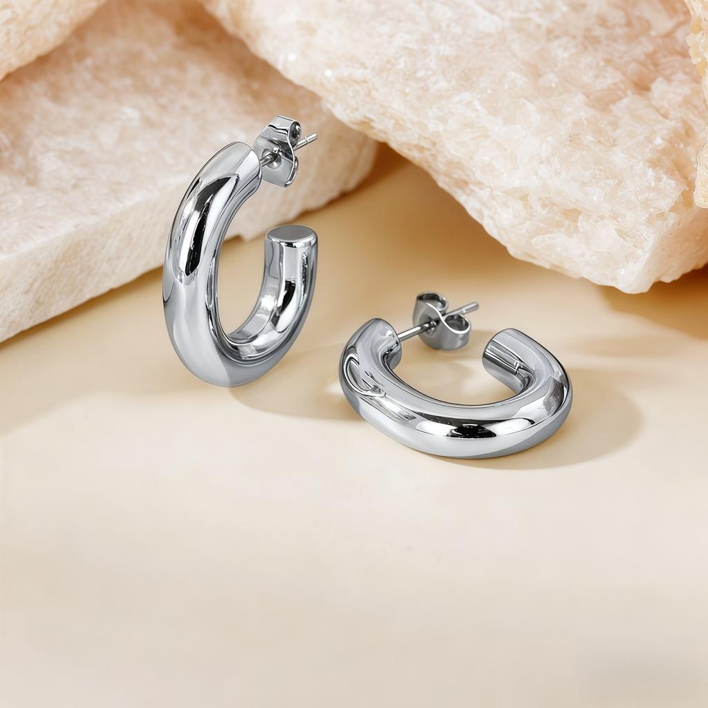 1 Pair Stylish Exquisite Circular Geometric 304 Stainless Steel C Shaped Hoop Earrings For Women Men Jewelry Gift