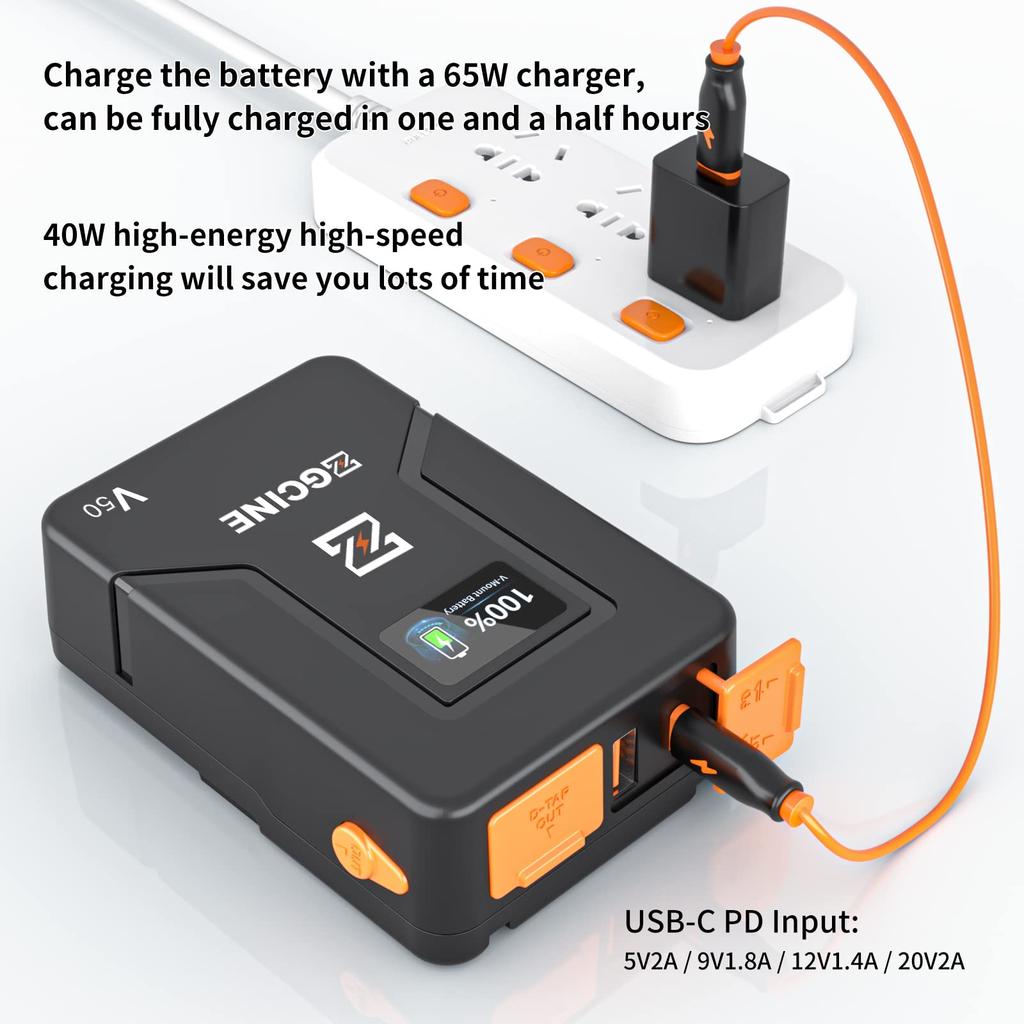 ZGCINE USB 50 Wh Camera PD 65W Charger with BP for Broadcast LED BMPCC 4K and ZCAM V-Mount Type-C Charger, Carry-On Compatible, (3400mAh / 14.8V),