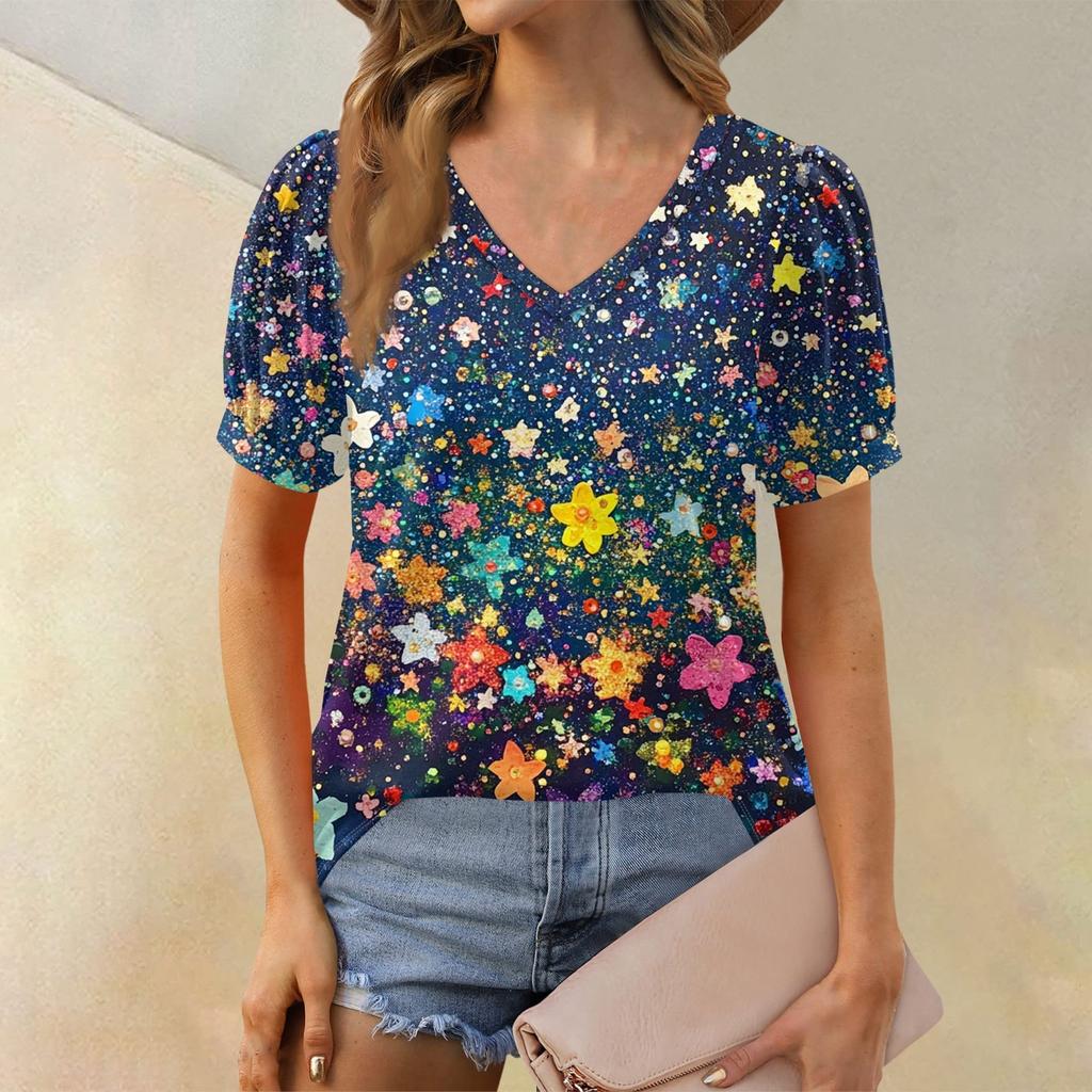 Damenmode Blumendruck Top Puff Kurzarm V-Ausschnitt T-Shirt Lose Casual T-Shirt