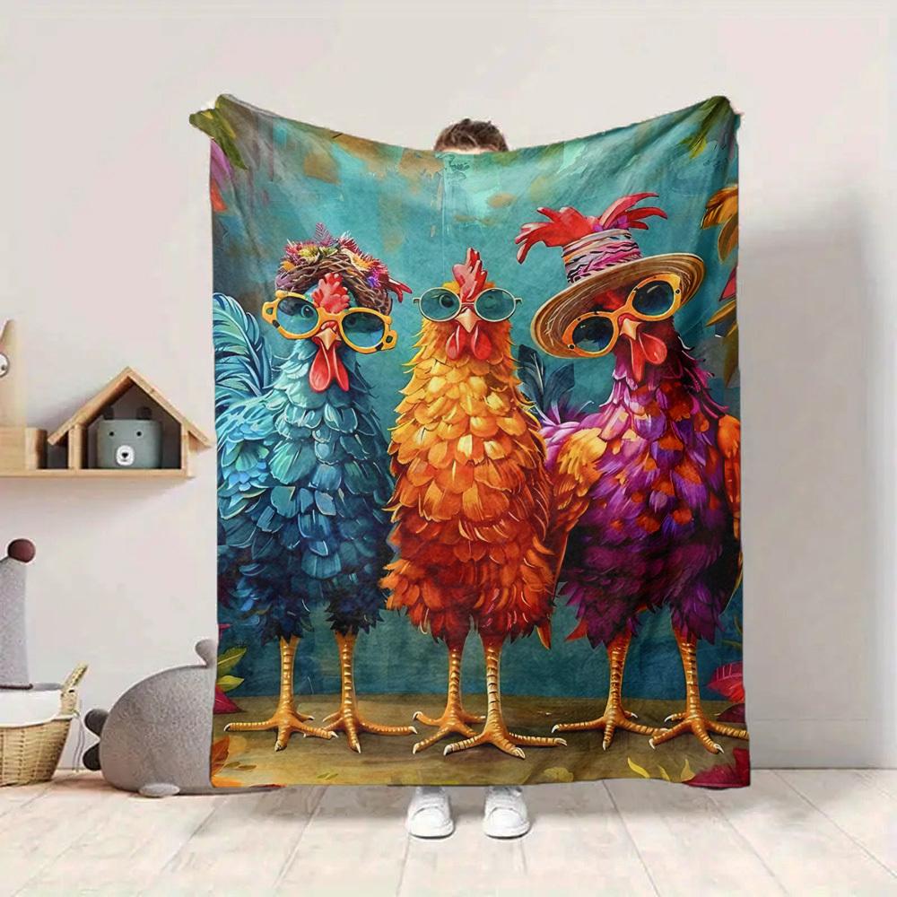 1pc Chickens Cartoon Pattern Print Blanket - Lightweight Flannel Throw Blanket For Sofa, Bed, Living Room, Office, Outdoor Travel, Camping, Soft