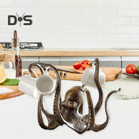 Vintage Octopus Mug Holder Resin Sea Animal Figurine Kitchen Countertop Coffee Cup Organizer Hanger Stand Rack Indoor Outdoor Decoration