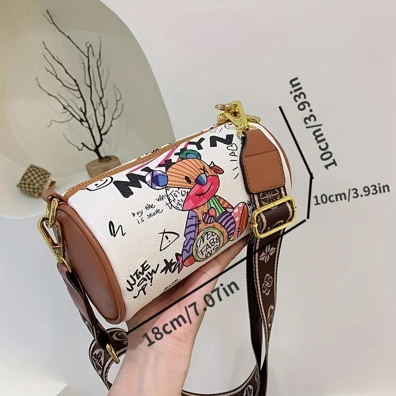 Graffiti Style Boston Bag, Cute Cartoon Cylinder Purse, Women'S Small Crossbody Bag
