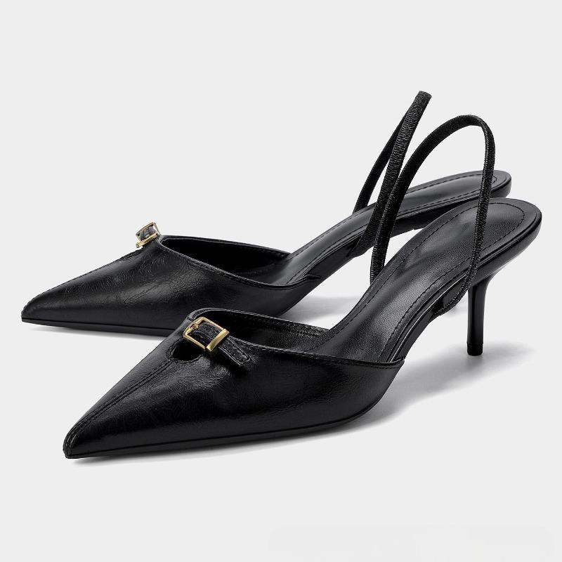 Vintage Brown Slingback Heels for Women Fashion Pointy Toe Metal Buckle Decorated Stiletto Sandals Luxury Party Designer Shoes