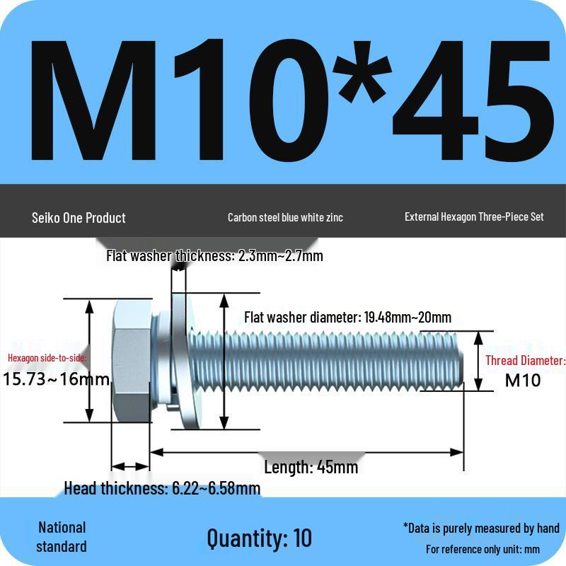 Grade 8.8 Galvanized Hex Bolt Set: Includes Hex Bolt, Spring Washer, Flat Washer (Sizes: M4, M5, M6, M8, M10, M12)