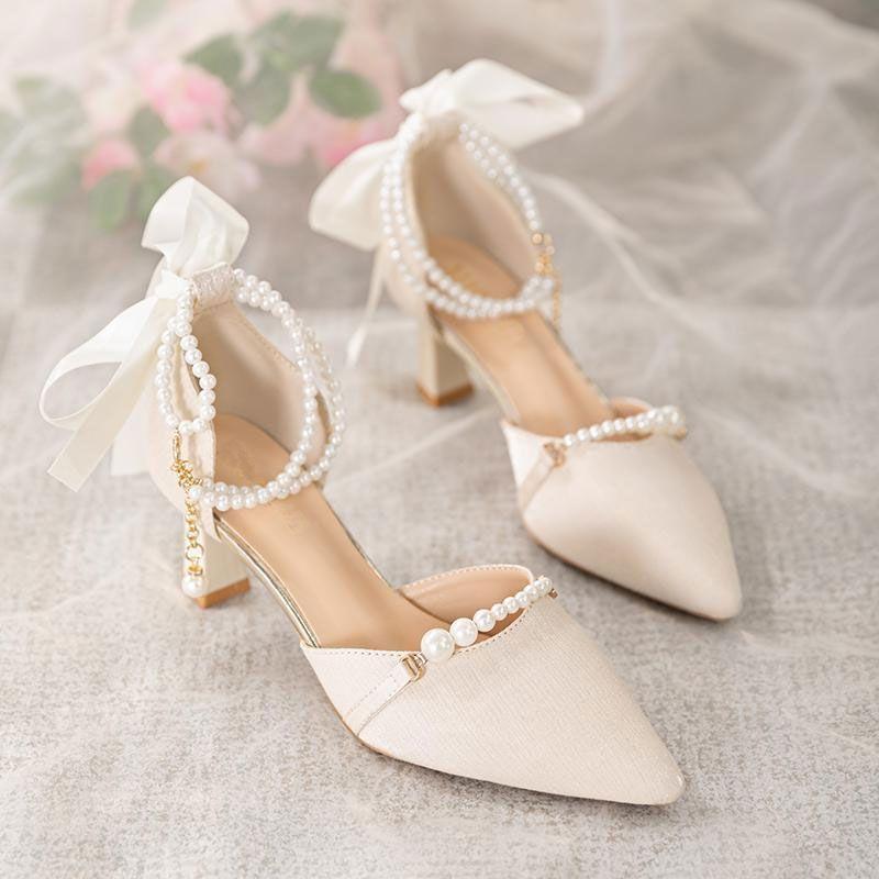 Sandals for Women Square Heels Pointed Toe Woman Shoes Medium Pearl Vip Footwear New Breathable Fashion Original Luxury 2025 Pvc
