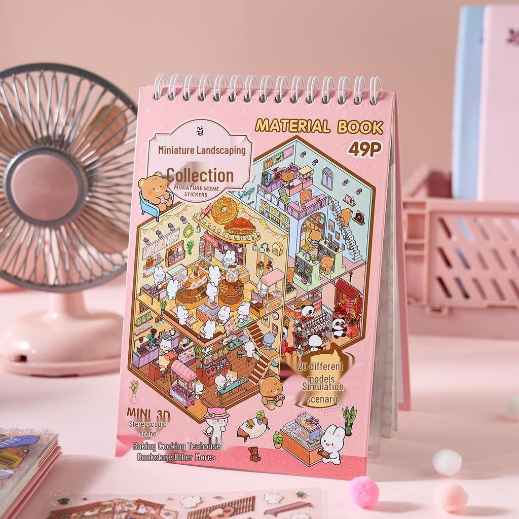 Sonnige Stadt 3D Miniatur-Szenen Stickerbuch: Frühmorgendliche Cartoon-Hüttenlandschaft