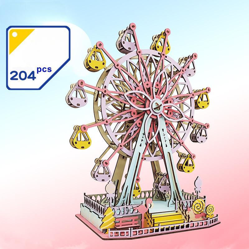 1Pc Children Girl DIY Handmade 3D Three-dimensional Puzzle Wooden Ferris Wheel Model Assembled Educational Toy Wooden