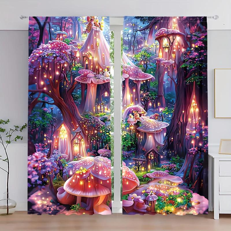 

2PC Glowing Fairy Mushroom Forest Sheer Curtains Enchanted Fantasy Cottage Print Window Drapes for Bedroom Children s Room Decor 24x59in(60x150CM)x2&Rod Pocket