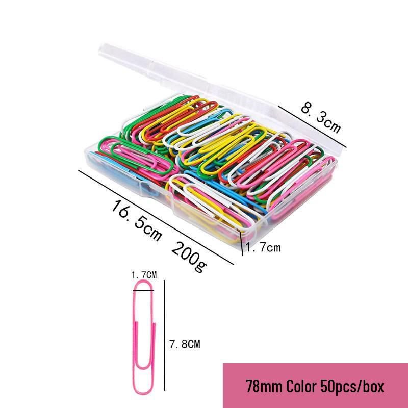 Box of 50 Nickel-Plated 78mm Colored Paper Clips: Curved, Spiral, Document, Office Use