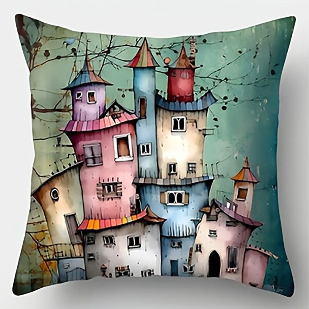 1/4pcs 2D Flat- Whimsical Storybook Tiny Town Decorative Throw Pillow Cover Home Farmhouse Outdoor Decoration Cushion Cover
