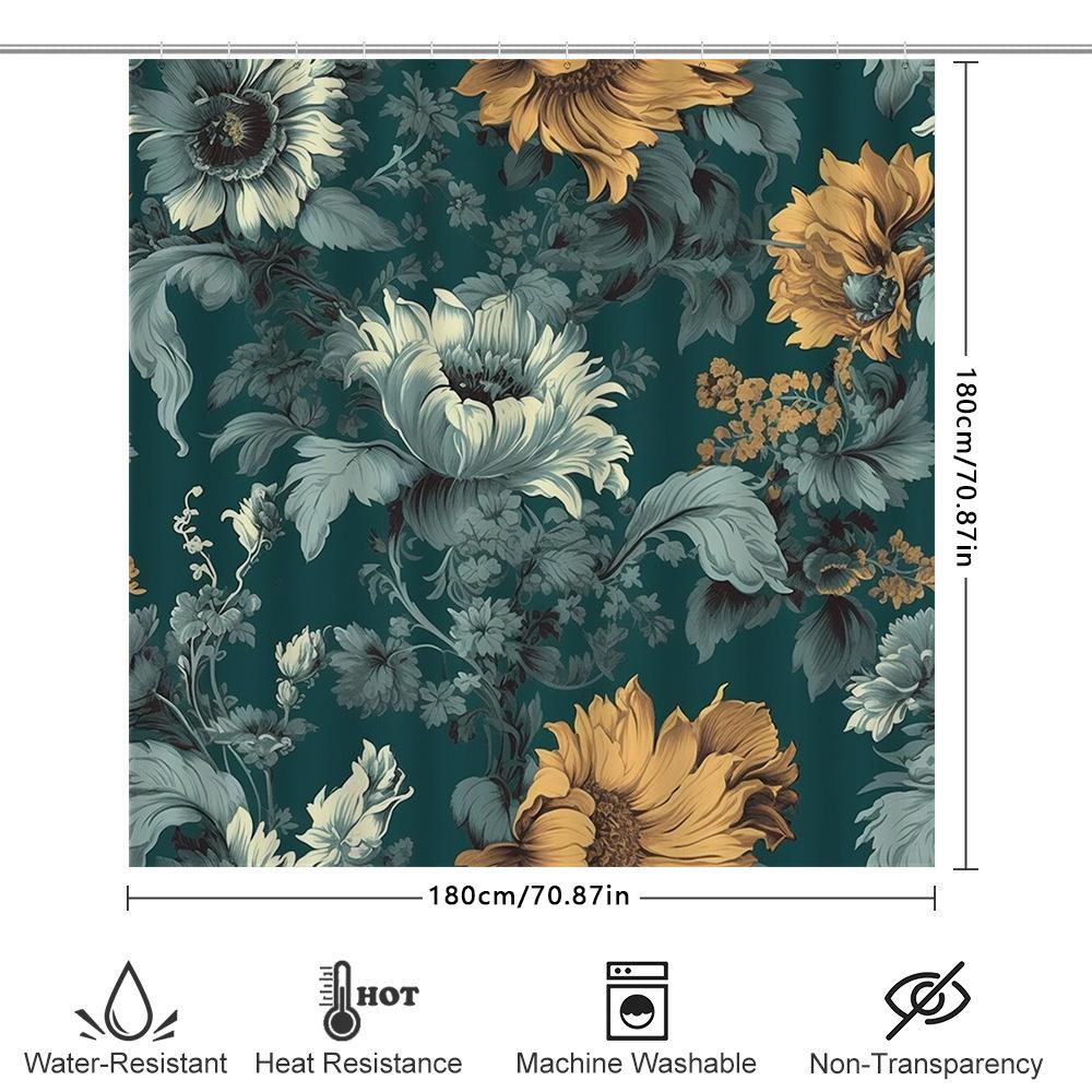 Vintage Sunflower Printed Waterproof Bathroom Shower Curtain For Home Decor Green Floral Design Fabric Waterproof Bath Mat With