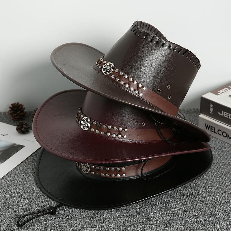 Ethnic Style PU Leather Cowgirl Hat Women Men Wide Brim Western Caps for Carnival Rave Party Travel Panama Jazz Hats