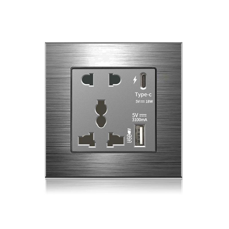18W Type-C Fast Charging Universal 5-pin Dual Power Socket,Stainless Steel  Electrical Outlet with DC 5V 3.1A Type-c USB Charger