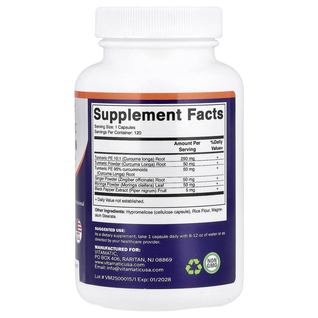 Vitamatic Turmeric Curcumin + Ginger, Moringa, and Black Pepper, 120 Veggie Capsules