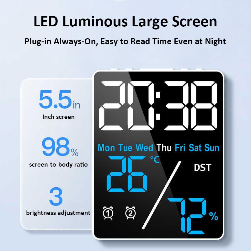 Digital Alarm Clock with Date Temp Displayed Dual Alarms LED Clock Indoor Household Temperature and Humidity Meter Desktop Clock