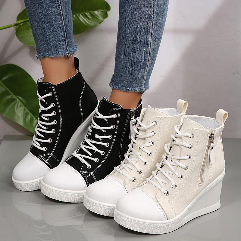 Fashion Black High Top Canvas Sneakers Shoes for Women Classic Platform Wedge Heel Casual Shoes Woman Fashion Zipper Lace Up Ankle Boots