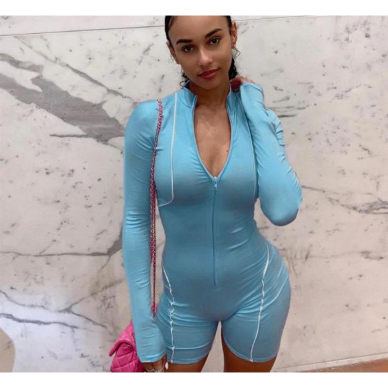 

Модные женские комбинезоны на молнии, новые элегантные повседневные комбинезоны с длинным рукавом для женщин, обтягивающие, однотонные комбинезоны, простые спортивные костюмы для йоги 2542 L небесно-голубой