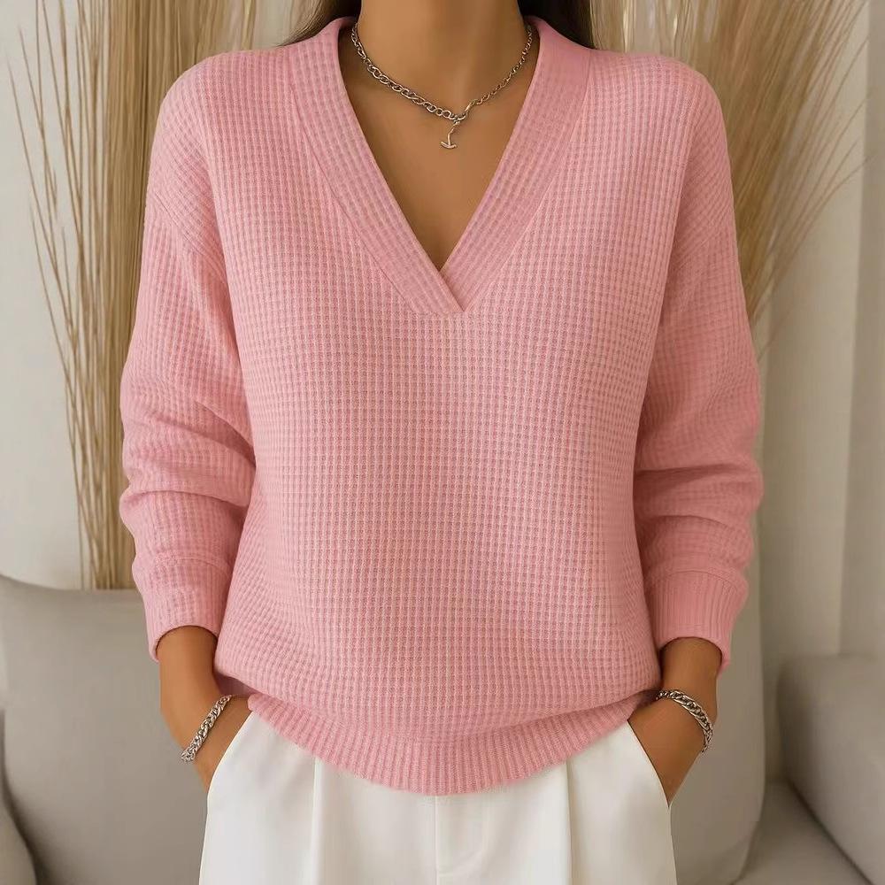 Autumn New Women's Casual Loose Fashion Solid Color Waffle Long-sleeved Pullover Top