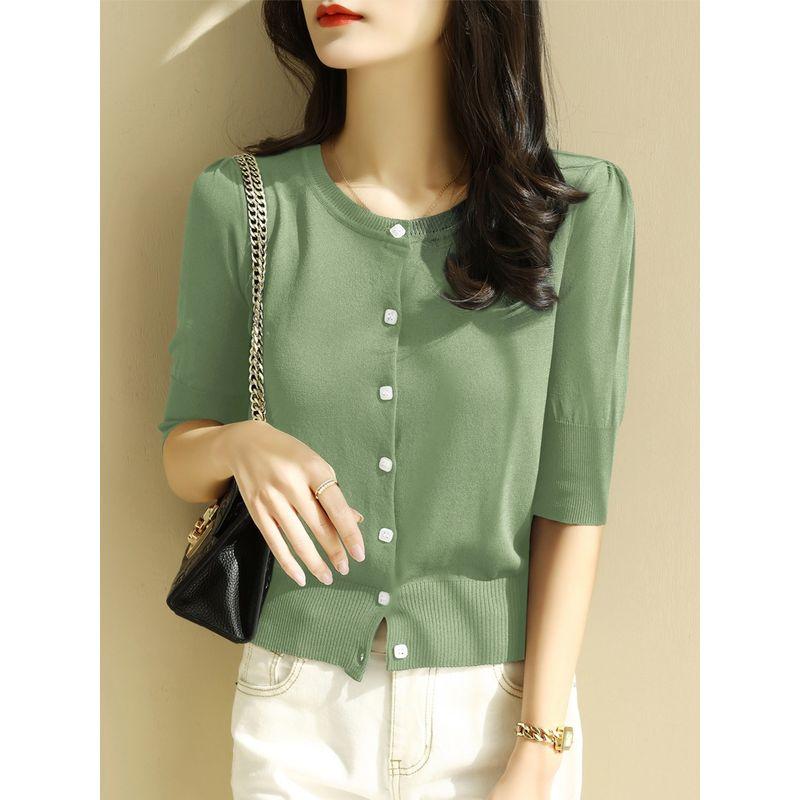 

Кардиган вязаный из ледяного шелка с круглым вырезом и рукавами 3/4, классический фиолетовый