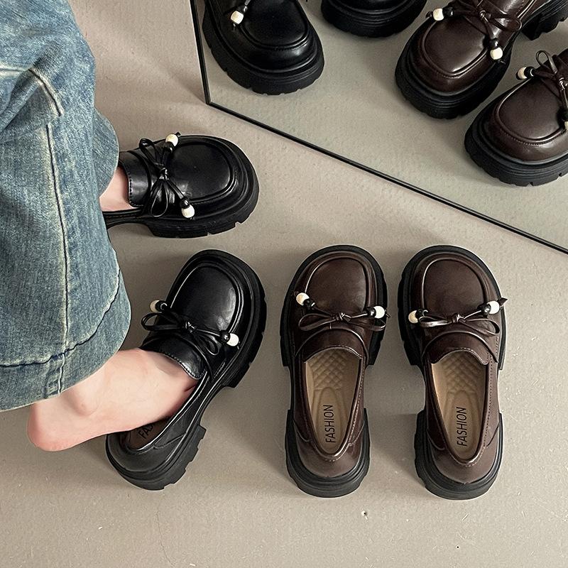 British style thick heel light mouth single shoes women's 2025 autumn French retro versatile bow small leather shoes loafers