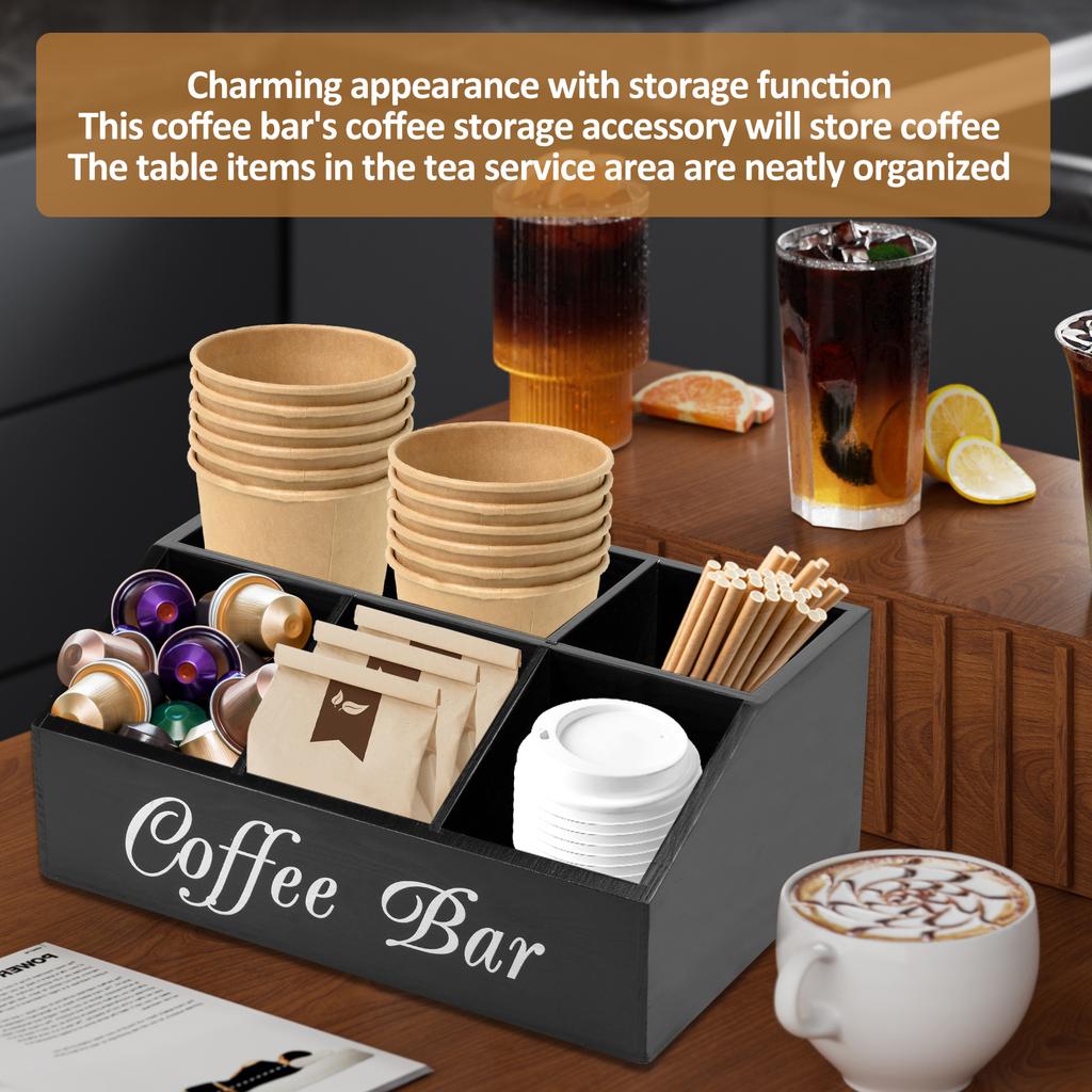 Wooden Coffee Rack Coffee Bar Organizer 5 Compartments Coffee Bar Accessories Vintage Coffee Storage Station Coffee Pods Holder