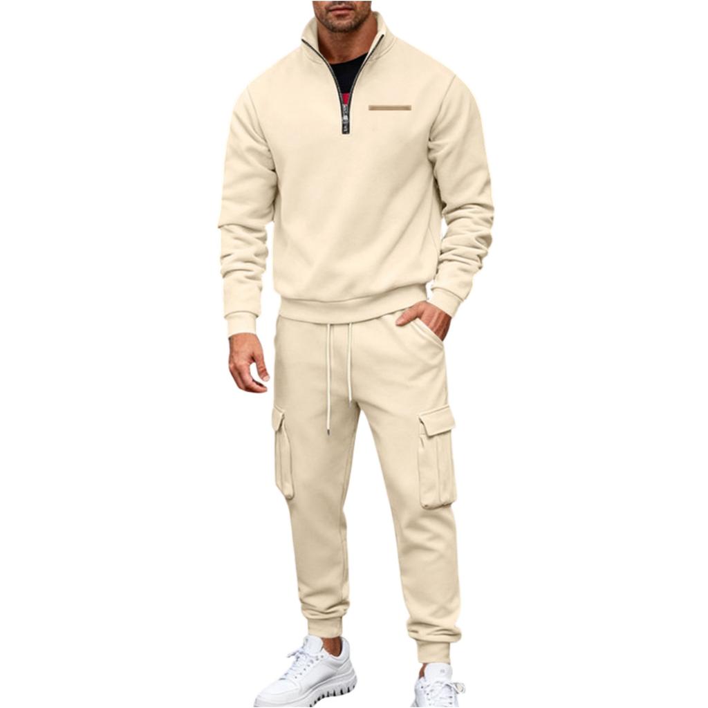 Men's Winter Fleece Multi Pocket Zipper Sweatshirt 2 Piece Set Personalized Sweatpants