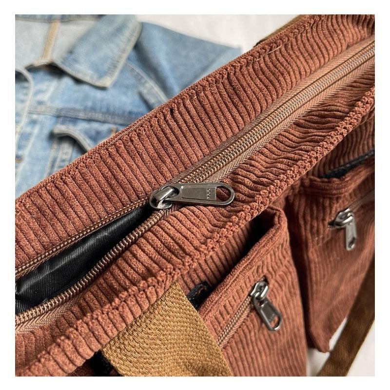 Corduroy Strawberry Print Tote Bag | Large Capacity Multi-Pocket Shoulder Crossbody Bag | Cute Kawaii School Commute Handbag