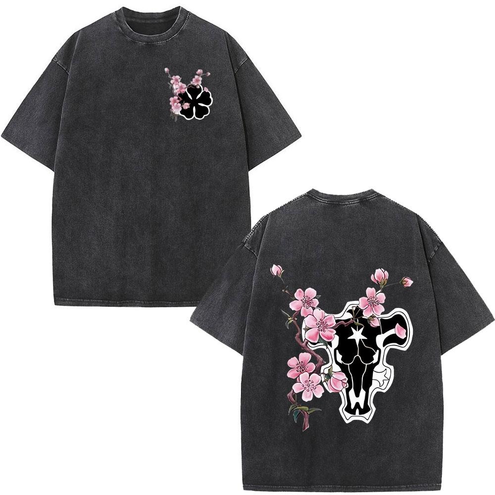 Washed Anime Black Clover Logo Graphic Print T-shirt Harajuku Summer Fashion Casual Cotton Oversized T-shirts Tops Streetwear