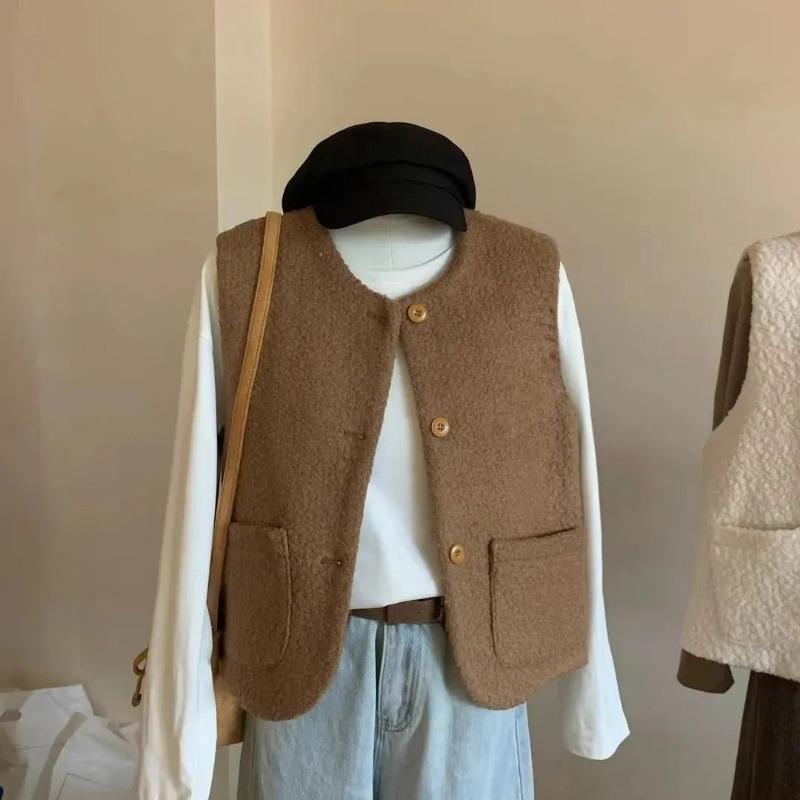 

Новое осенне-зимнее женское короткое пальто в корейском стиле, без рукавов, жилет с карманами, верхняя одежда, шерстяное S коричневый