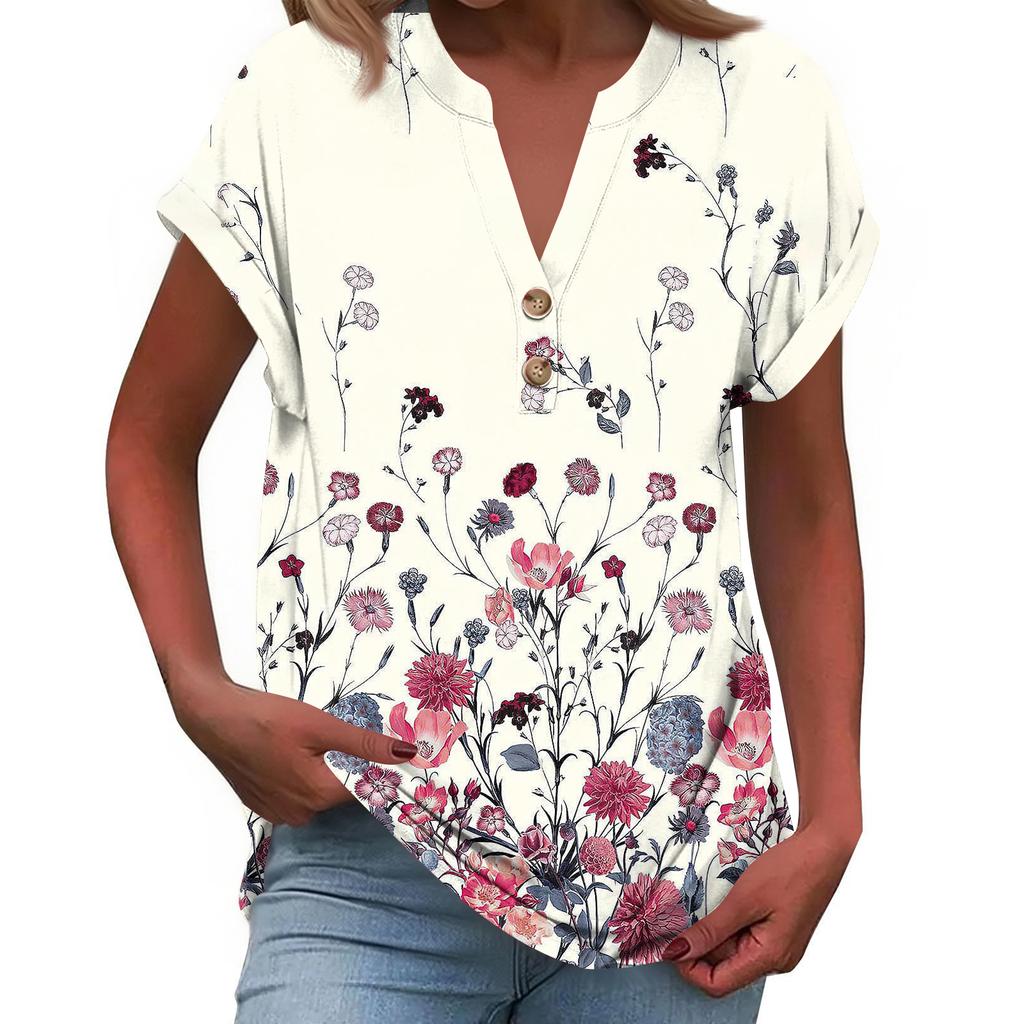Women's Fashionable Casual Loose-Fit Short-Sleeved Button-Up V-Neck Printed T-Shirt Top
