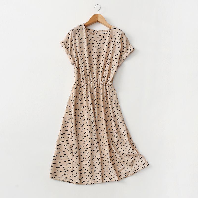 

Export Export Fashion Simple Waist Slim Looking Heart Printing Short Sleeve Chiffon Dress Summer Thin Dress Beige Heart Eurocode-2XL