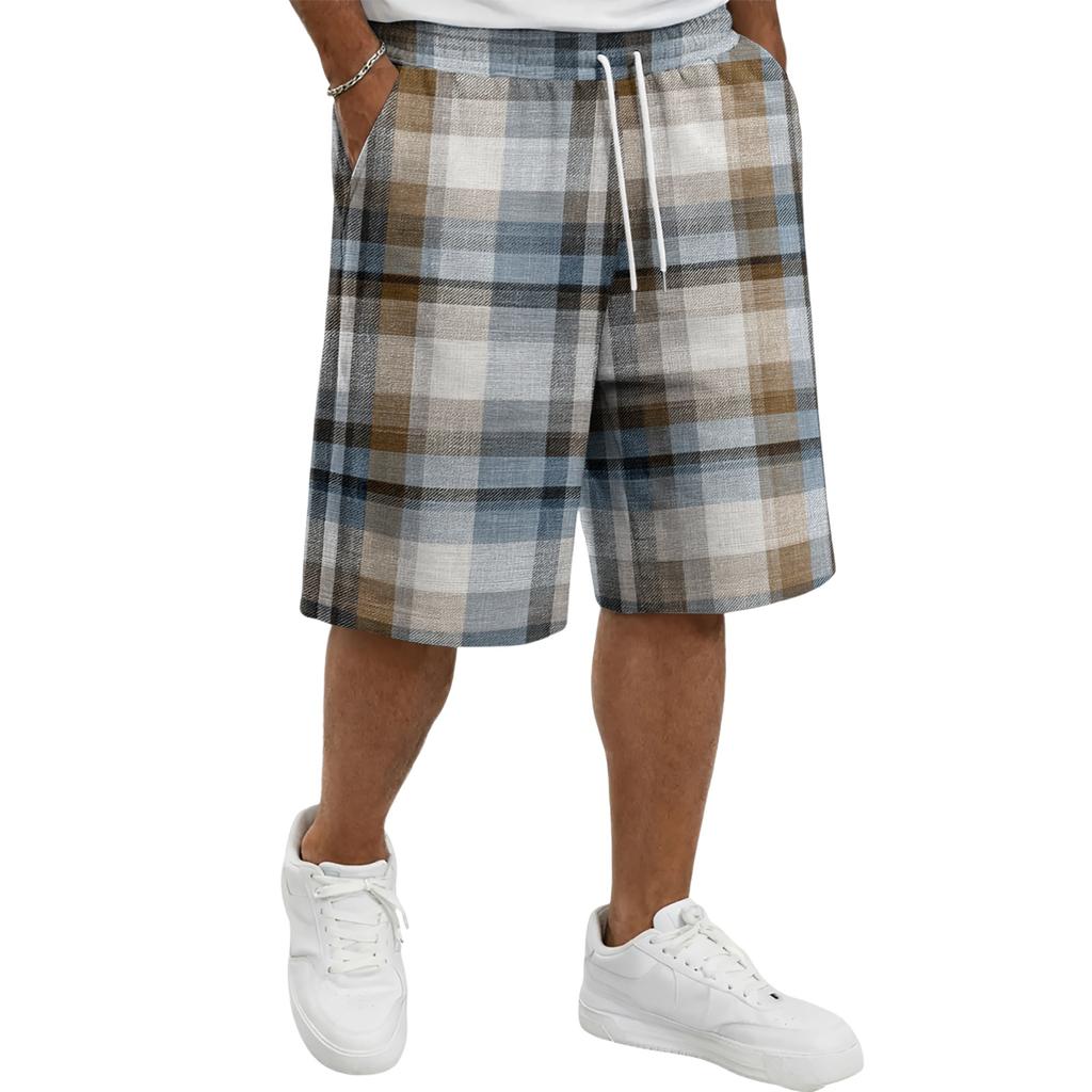Mens Plaid Drawstring Waist Casual Shorts Relaxed Fit Knee Length Soft Fabric Lightweight Plaid Shorts for Daily Wear