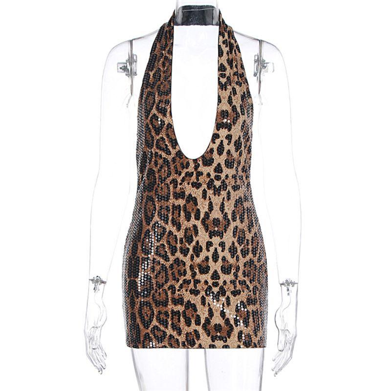 

European and American Sexy Slim fit Hanging Neck Deep V Backless Dress Sexy Halter Bodycon Mini Dress Leopard print S