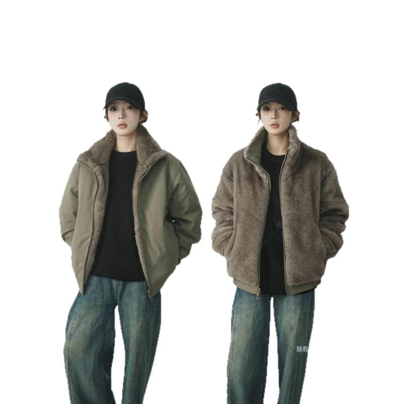Reversible Warm Thickened Stand Collar Cotton Jacket Men Women Loose Fit Winter Outerwear In Black Gray Khaki