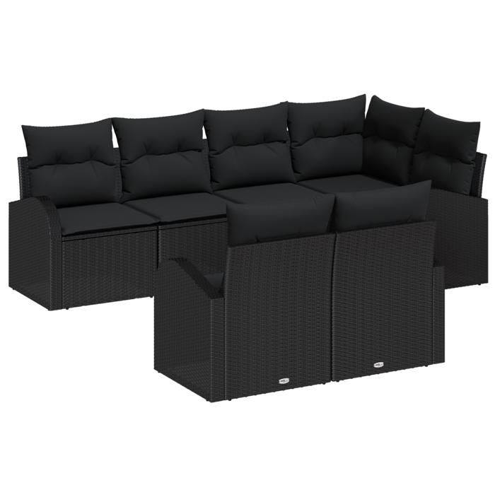 Set de canapé de jardin 7 pièces avec coussins noir poly rotin, Canapé de jardin 2 places avec rangement et coussins noir 3354752