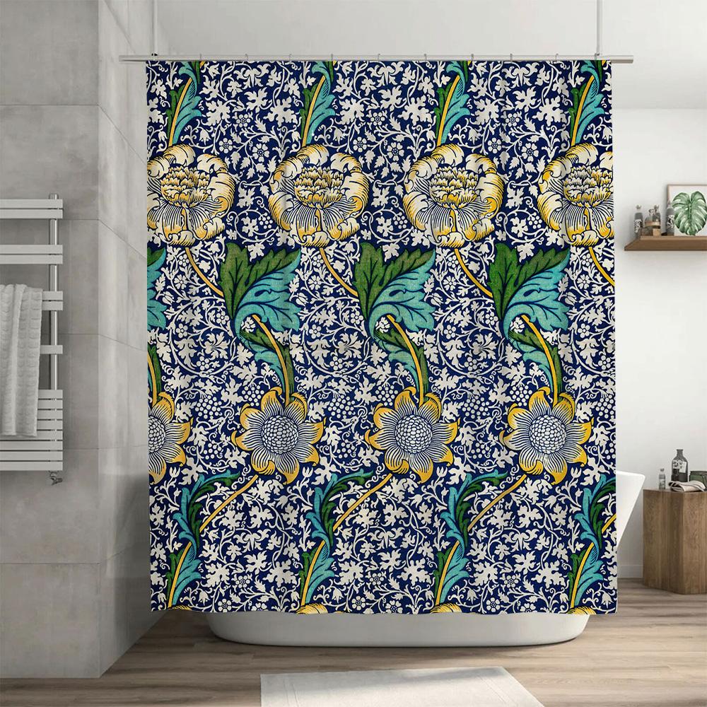 Decorative Blue Floral Bath Shower Curtain with Golden Accents for Bathroom Decorations