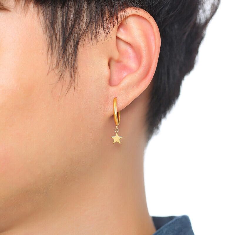 Rockyu Pierced Star Earrings for Women and Silver Dangling Stainless Steel Star Both Ring New York Style Men, Popular, Hoop, Earrings, Ring,