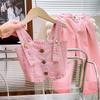 Girls Summer Solid Color Personality Denim Suit Middle and Large Children Single-breasted Short Suspenders + Straight Pants Casual Two-piece Set