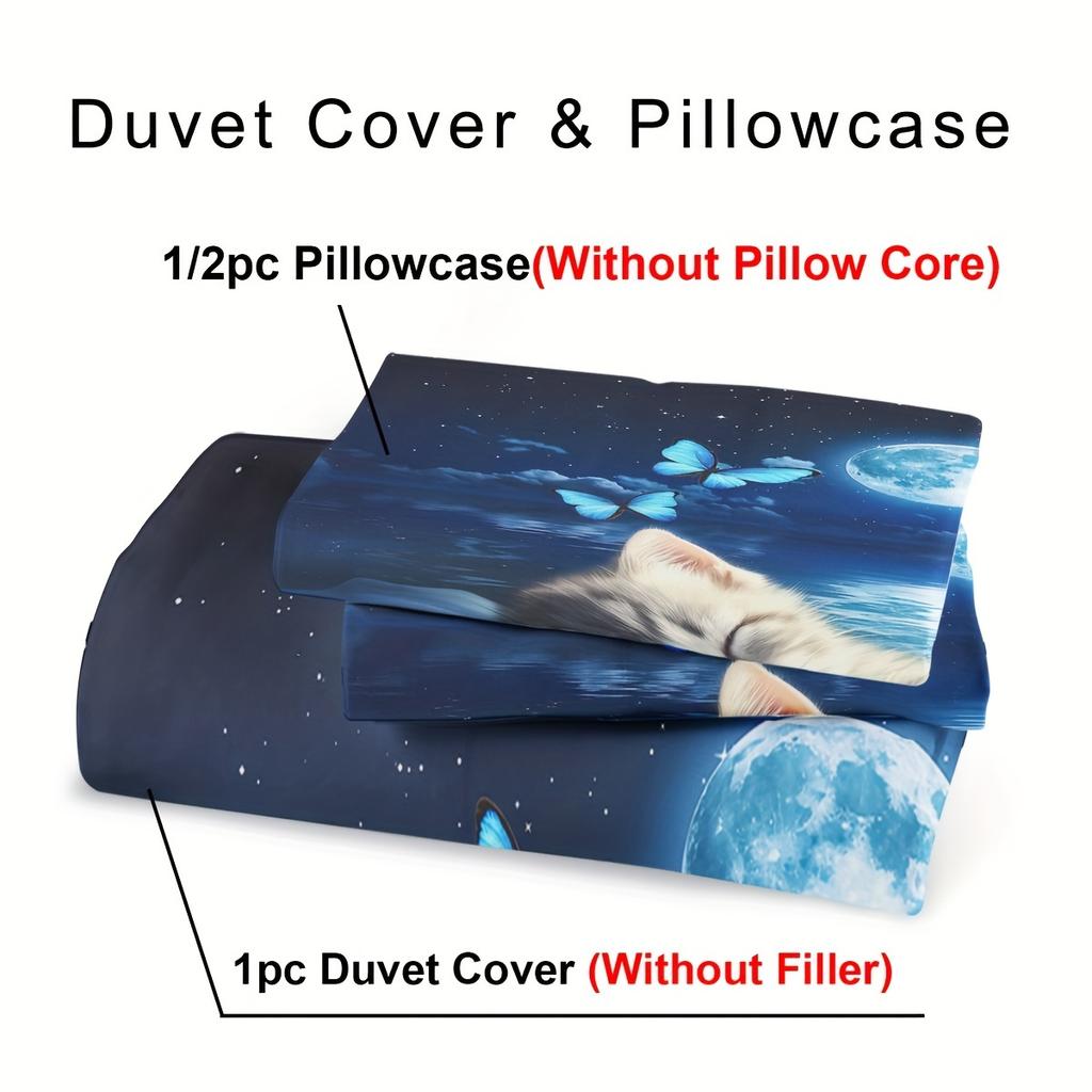 Animal Print Polyester Duvet Cover Set With Zipper Closure - Breathable, All-Season Digital Printed Cat And Butterfly Theme