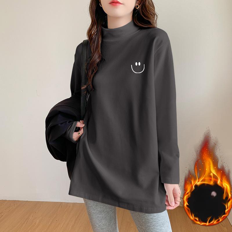 turtleneck bottoming shirt for women, thickened and warm inside, loose large size medium and long top, foreign style long-sleeved T-shirt.