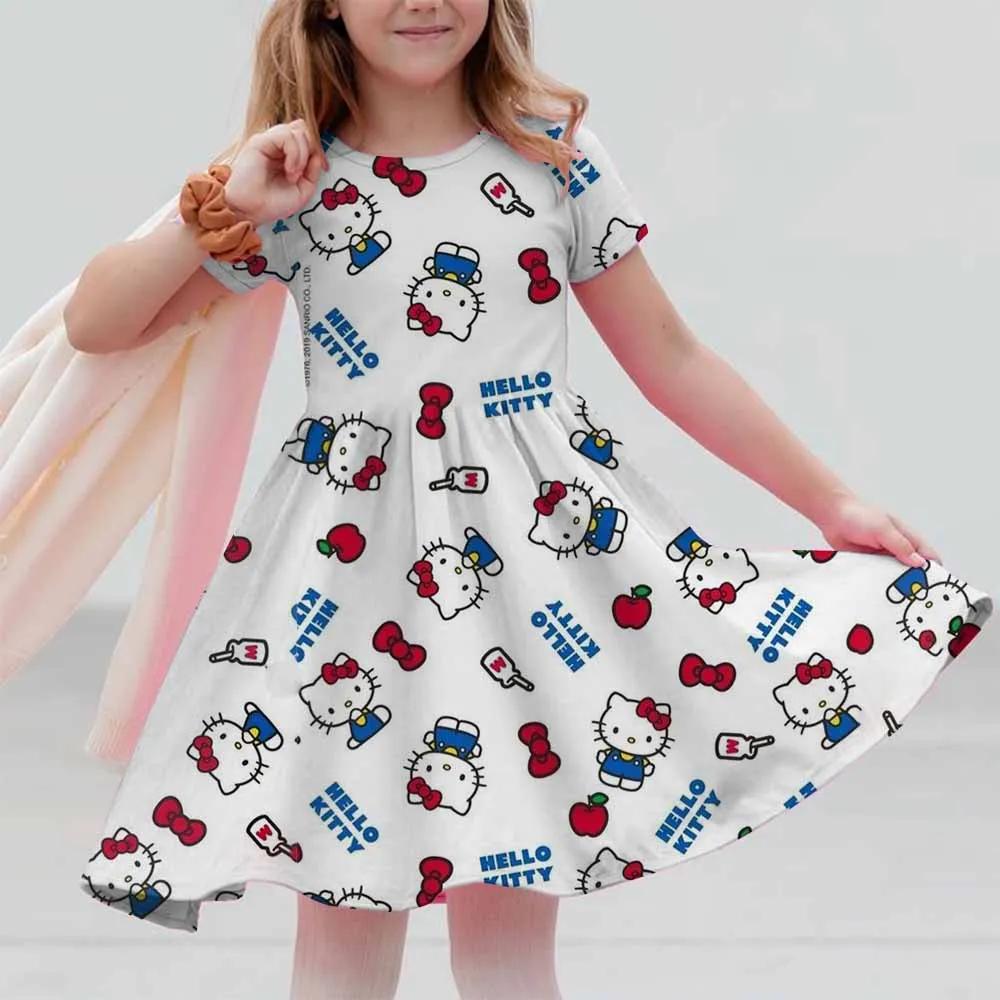 New Summer Dress Fashion Cartoon Cute Hello Kitty 3D Print Dresses Kids Short Sleeve Princess Girls Party Children Clothes