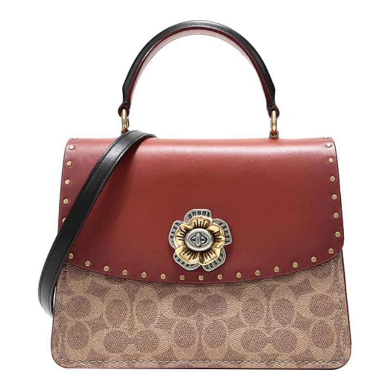 

COACH Parker 23 Top Handle Camellia Studded Leather Crossbody Tote Small Women s Tan коричневий