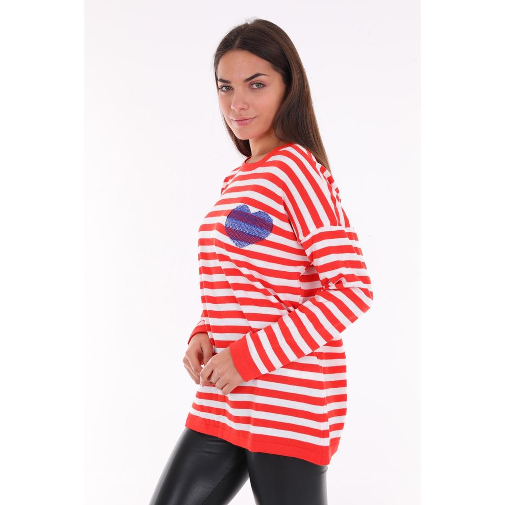 Heart Embroidered Oversize Striped Fine Knitwear Sweater