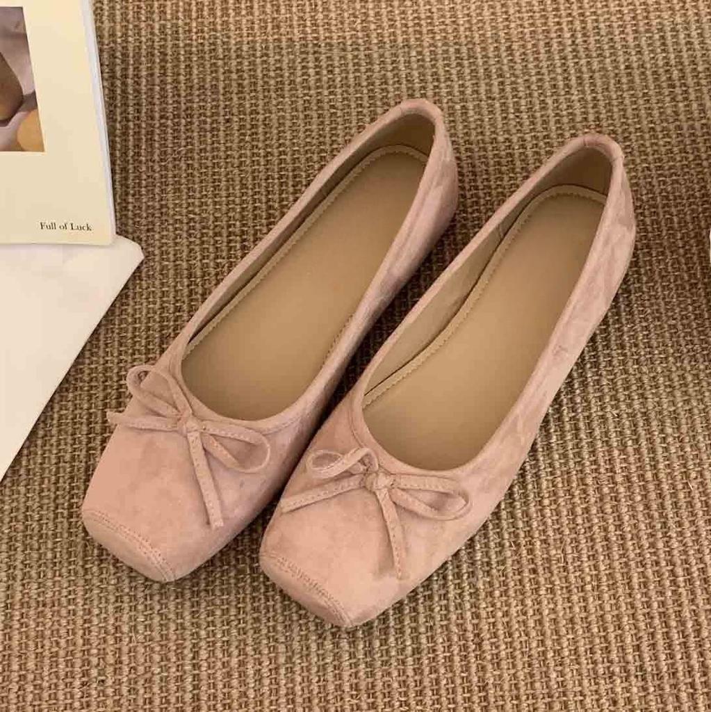 Flat red single shoes female French gentle fairy ballet style beanie shoes inner height increase yellow ladyshoes