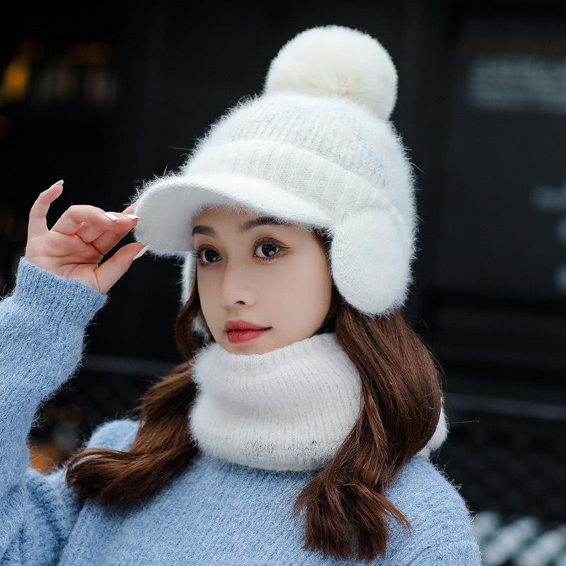 Ladies rabbit fur knitted hat trendy student wool ear protection cap outdoor cold protection warm scarf velvet